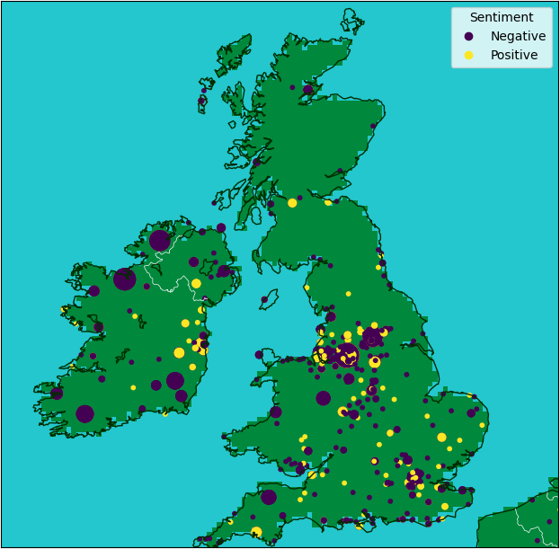 A map of the UK with yellow and purple circles dotted all over it. The circles represent positve and negative sentiment of social media posts analysed and plotted on a map. This image was produced by an MSc student named on the paper.